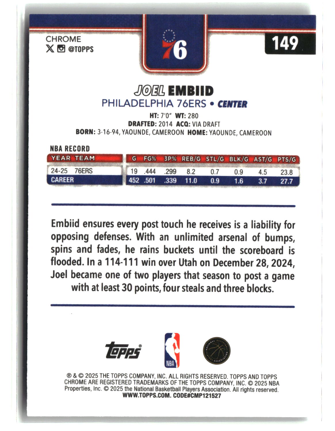 Joel Embiid 2025 Topps Chrome Wave Refractor #149