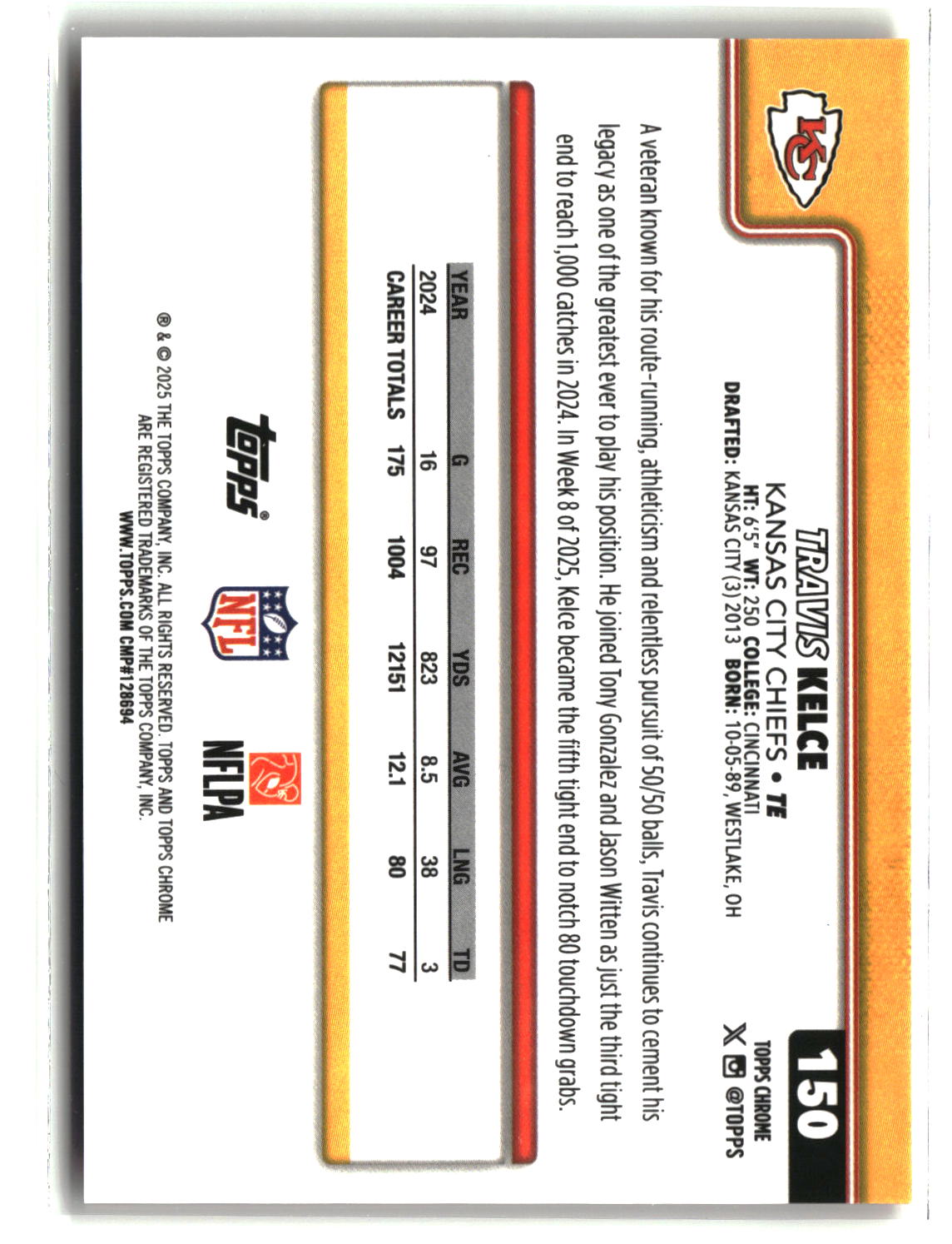 Travis Kelce 2025 Topps Chrome Shadow Etch Orange Refractor #150 3/25