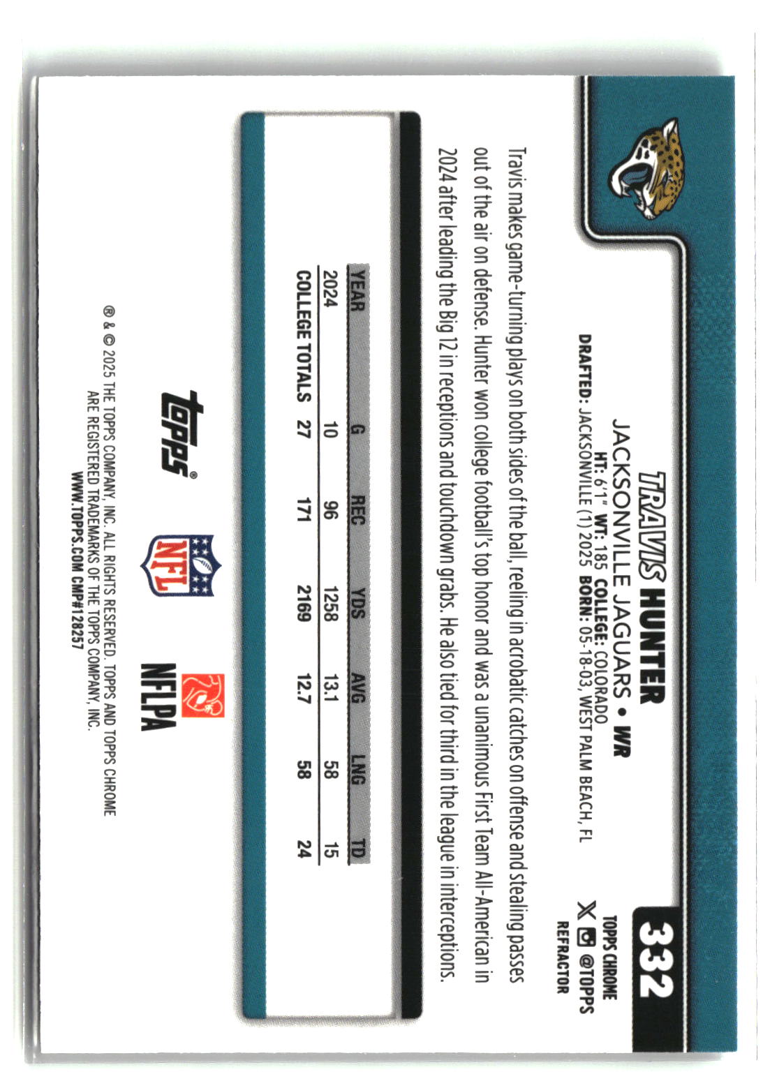 Travis Hunter 2025 Topps Chrome Refractor #332