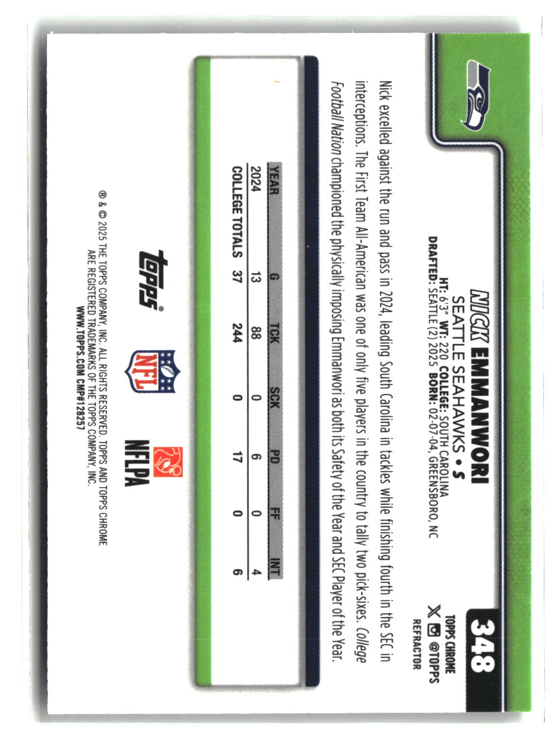 Nick Emmanwori 2025 Topps Chrome Refractor #348