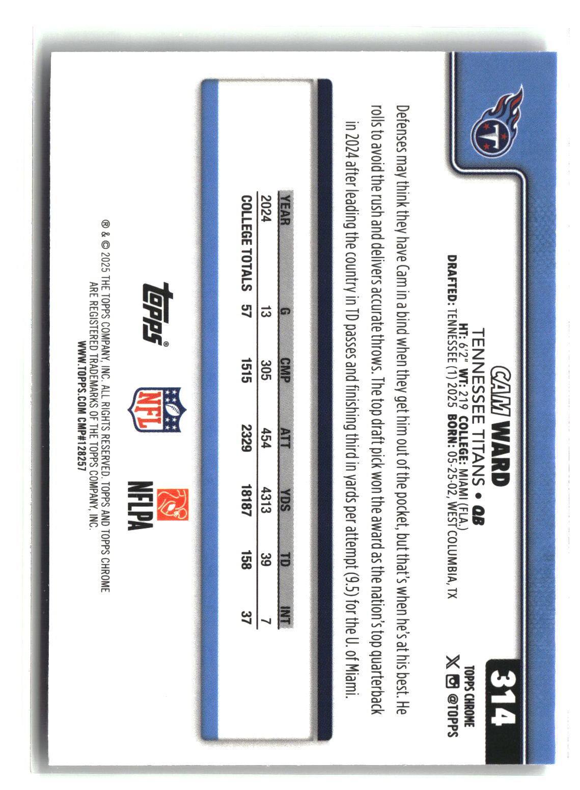 Cam Ward 2025 Topps Chrome #314