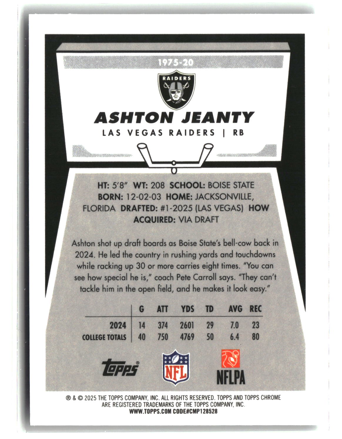 Ashton Jeanty 2025 Topps Chrome 1975 Topps #1975-20