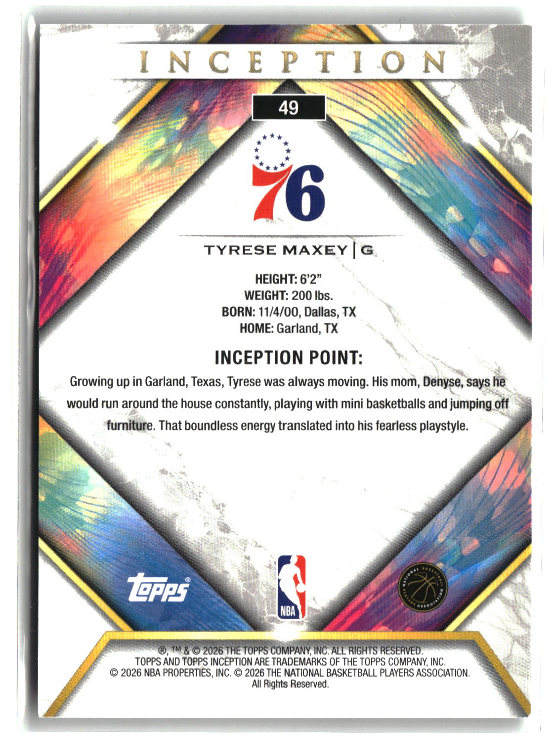 Tyrese Maxey 2026 Topps Inception #49 26/75