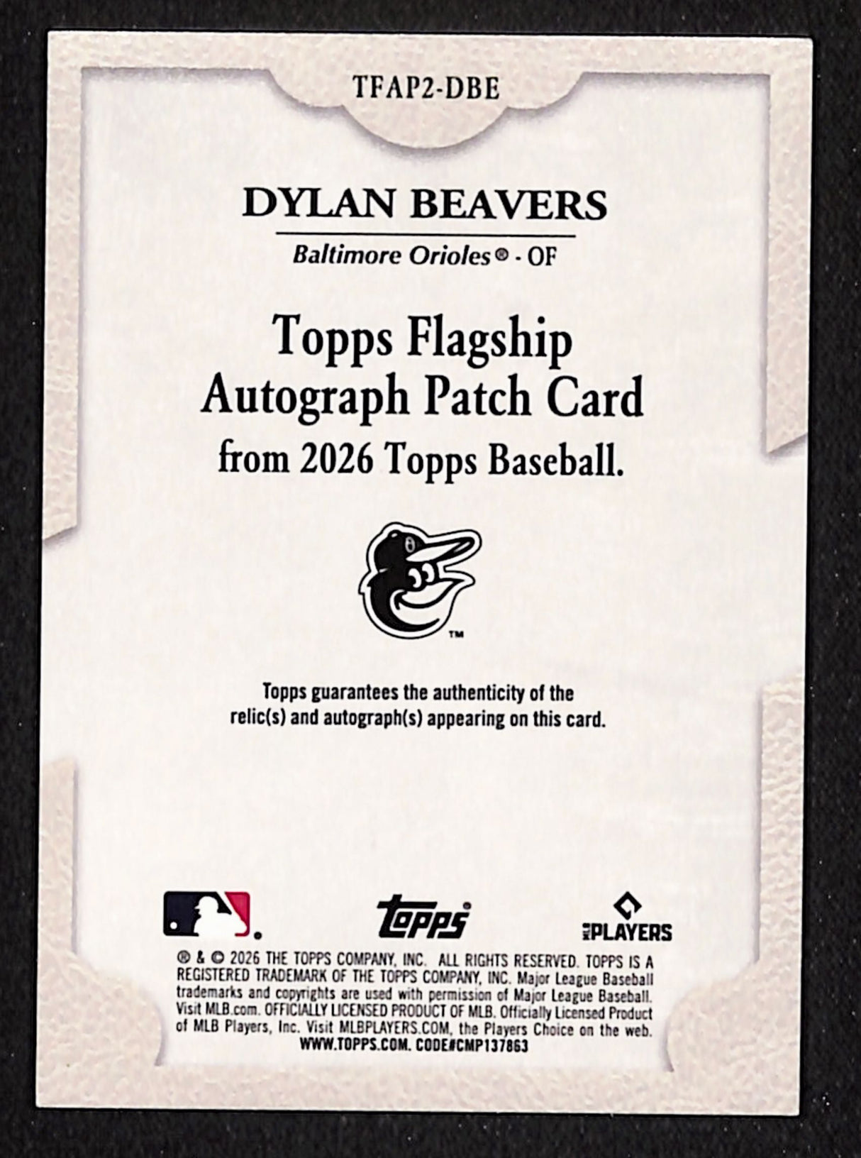 Dylan Beavers 2026 Topps Flagship Autograph Patch Card #TFAP2-DBE 44/50