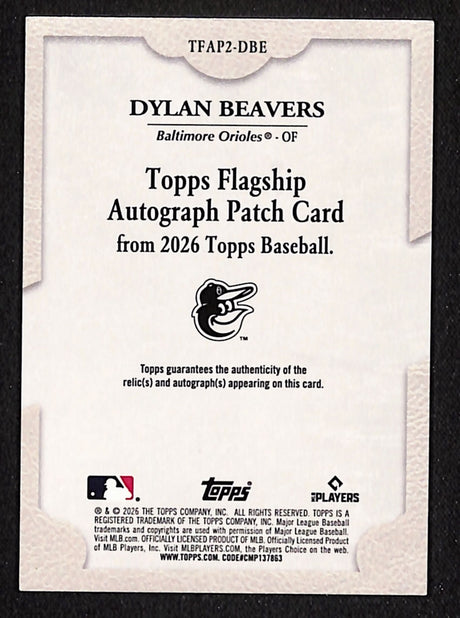 Dylan Beavers 2026 Topps Flagship Autograph Patch Card #TFAP2-DBE 44/50