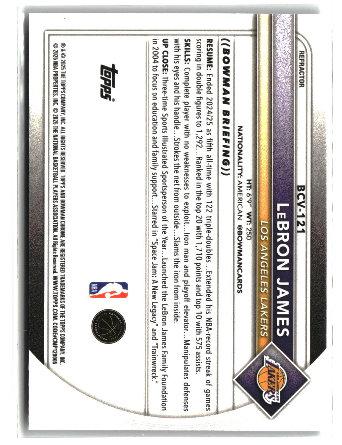 LeBron James 2025 Bowman Chrome Refractor #BCV-121 325/499