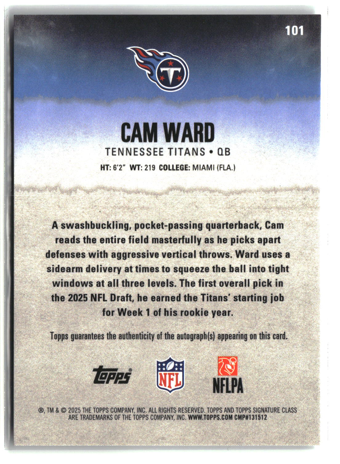 Cam Ward 2025 Topps Signature Class #101