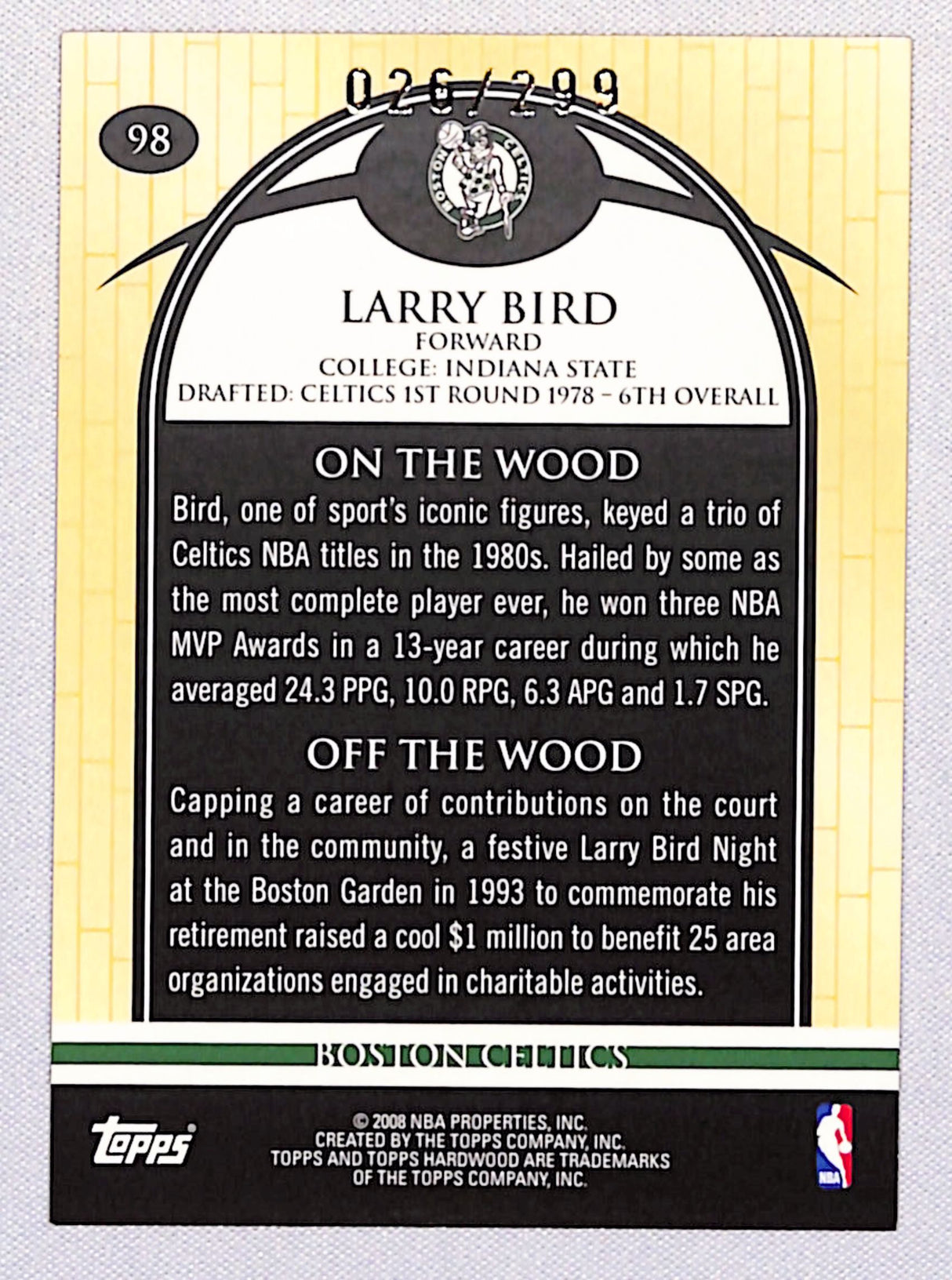 Larry Bird 2008-09 Topps Hardwood #98 26/299