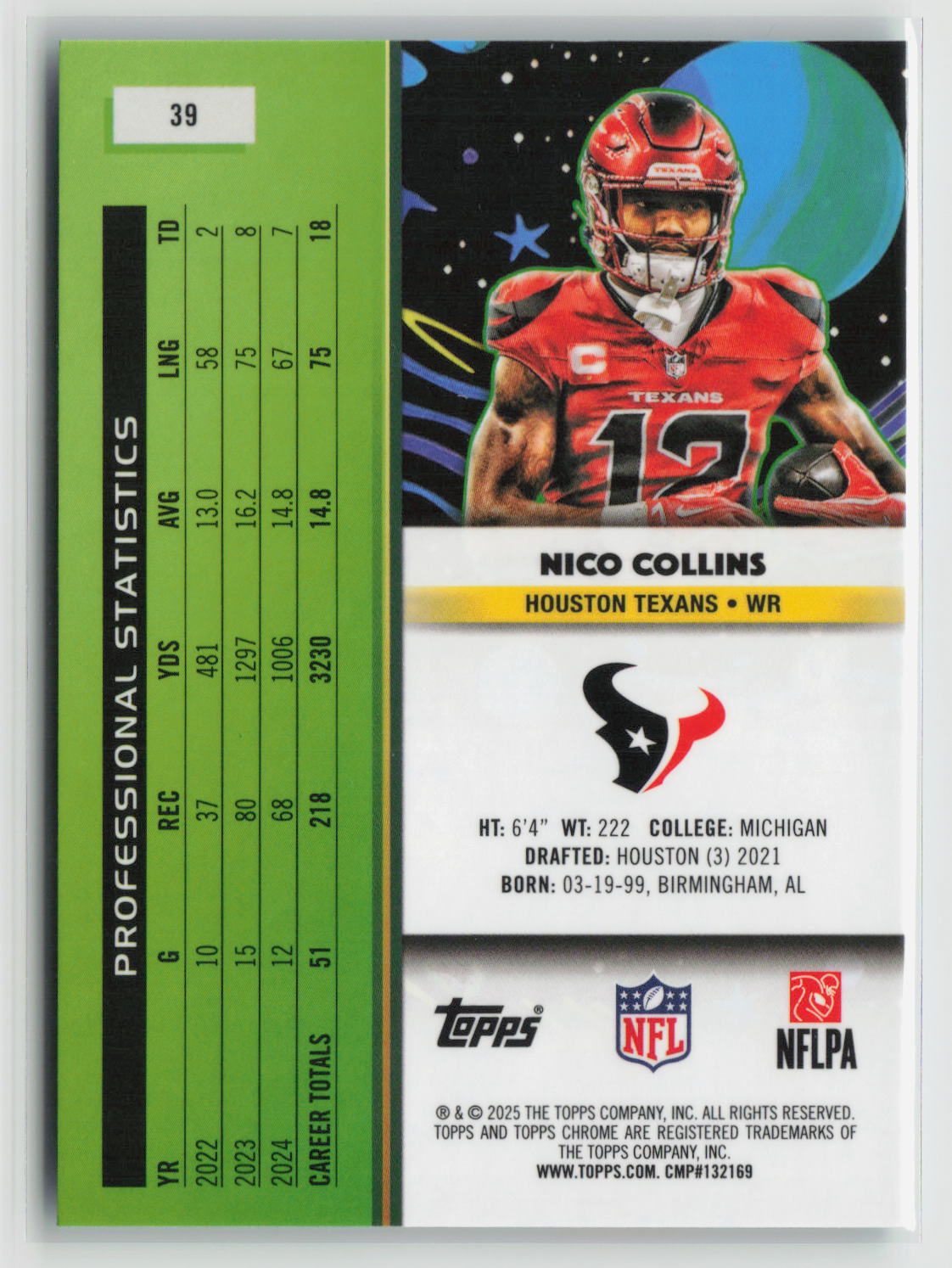 Nico Collins 2025 Topps Cosmic Chrome Aqua Equinox Refractor #39 57/199
