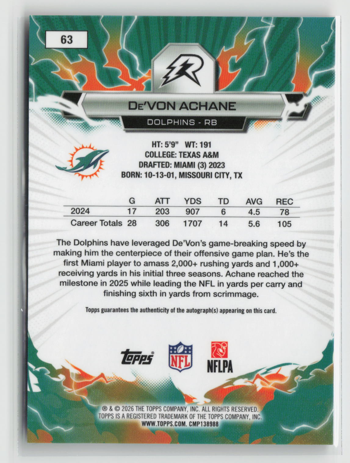 De'Von Achane 2025 Topps Resurgence Signatures #63
