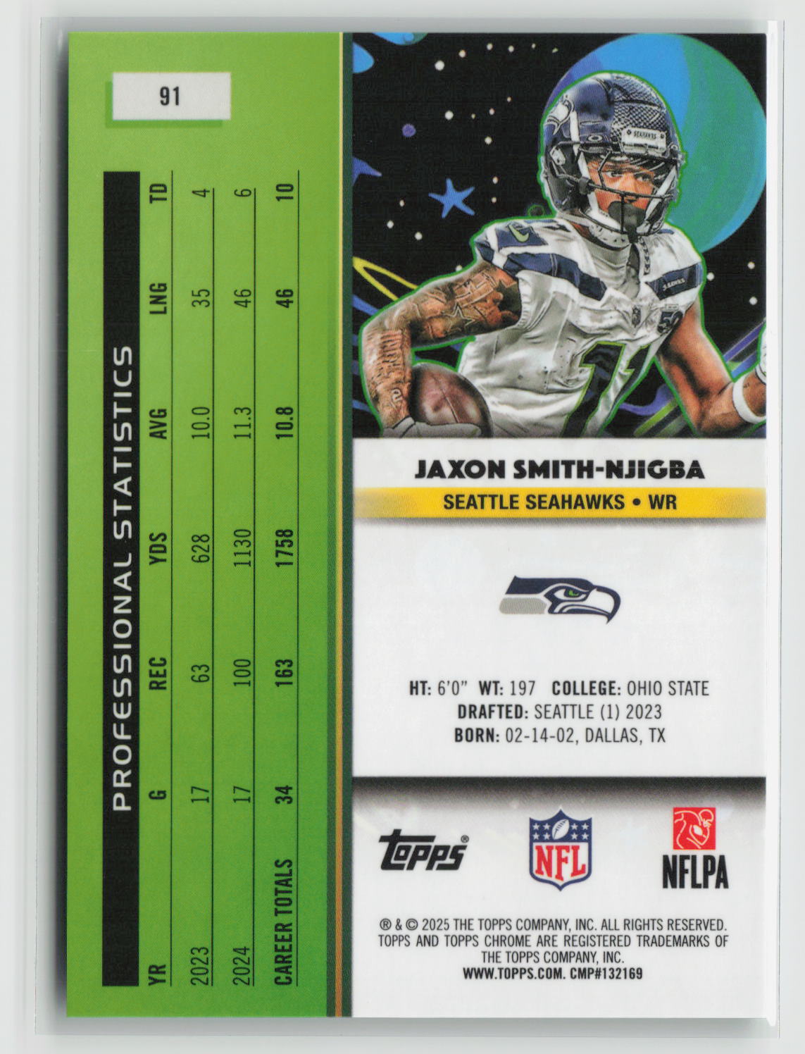 Jaxon Smith-Njigba 2025 Topps Chrome Cosmic Green Space Dust Refractor #91 61/75