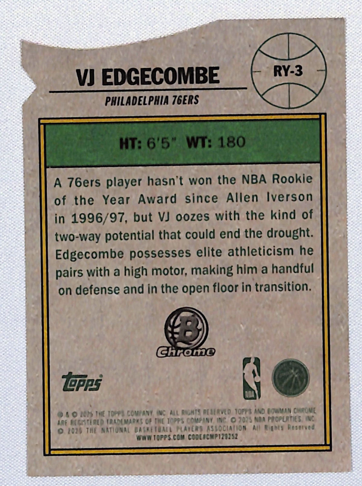 VJ Edgecombe 2025-26 Bowman Rookie of the Year Favorites Orange Refr #RY-3 08/25