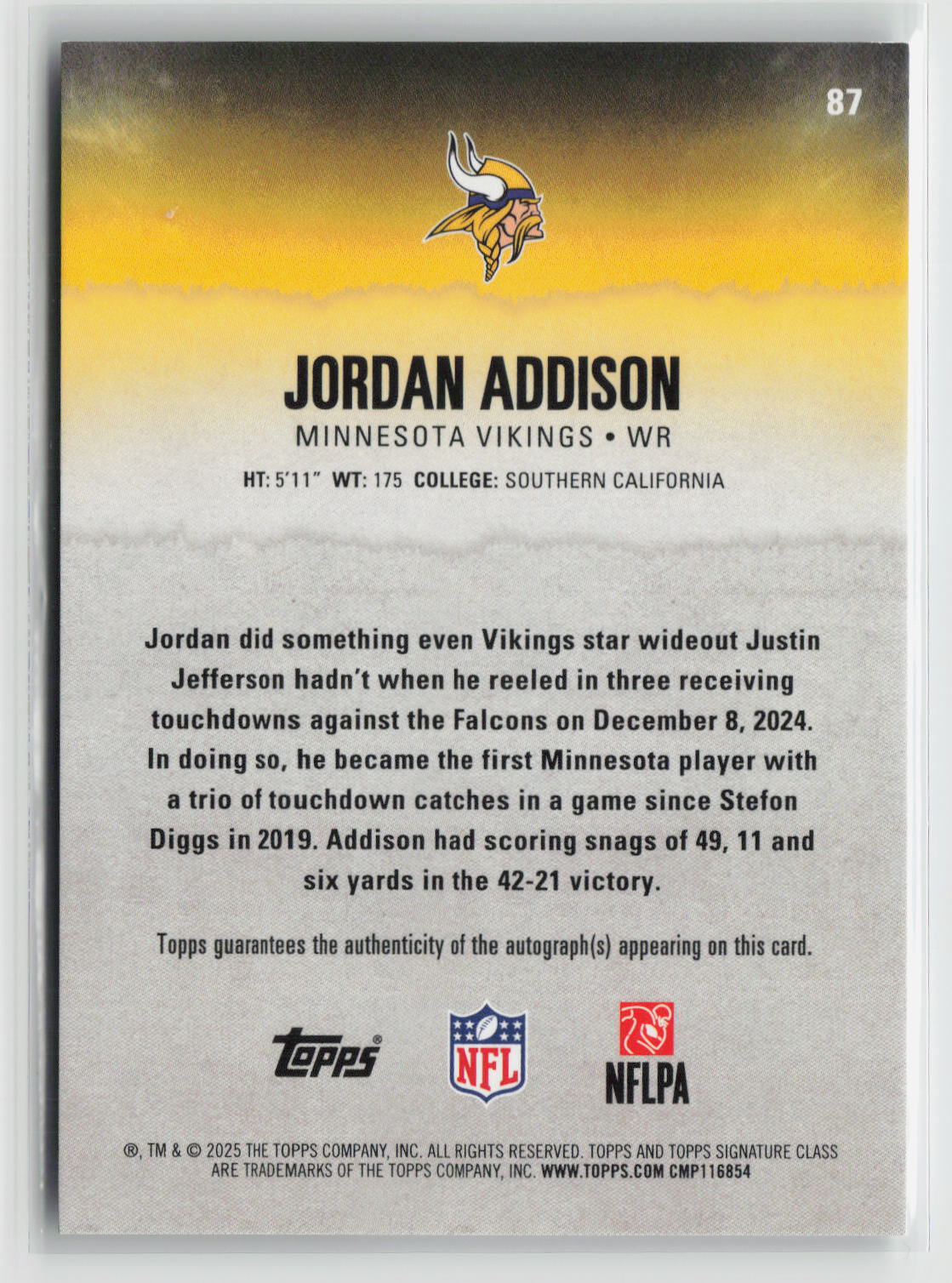 Jordan Addison 2025 Topps Signature Class Autographs Blue #87 3/5