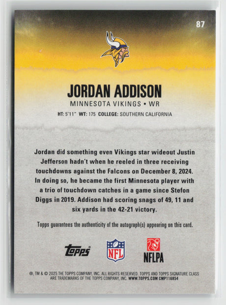 Jordan Addison 2025 Topps Signature Class Autographs Blue #87 3/5
