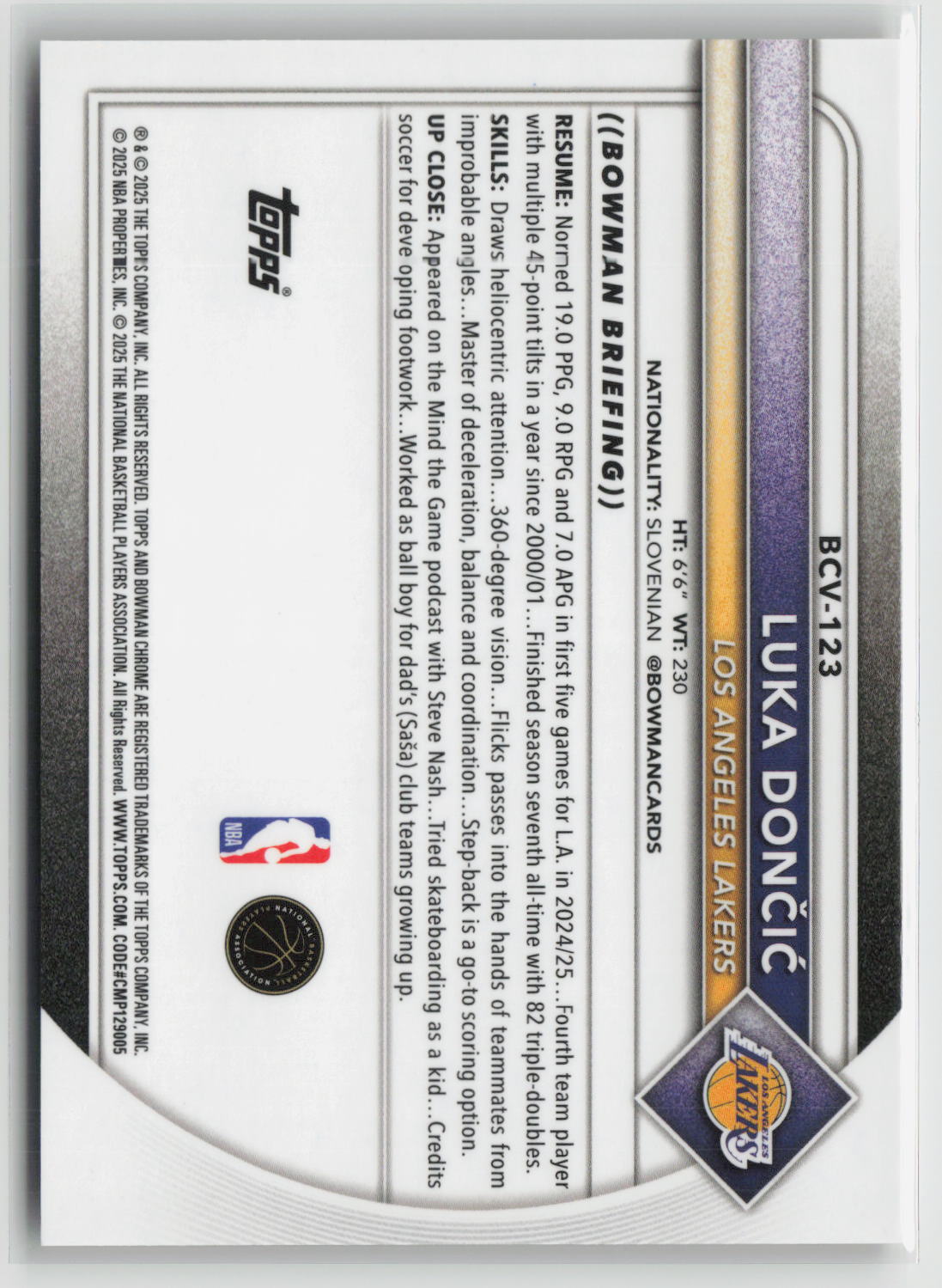 Luka Dončić 2025-26 Bowman Chrome Gold Mojo Refractor #BCV-123 16/50