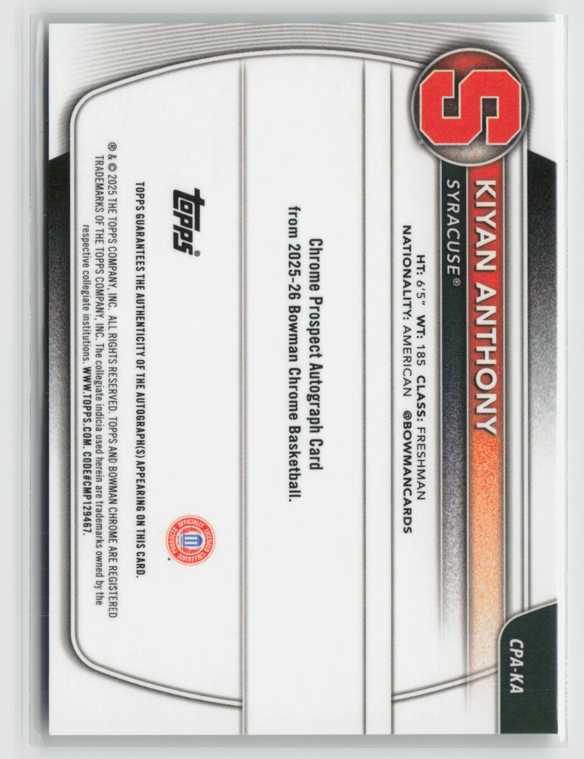 Kiyan Anthony 2025-26 Bowman Chrome Prospect Auto Green Mojo Refr #CPA-KA 12/99