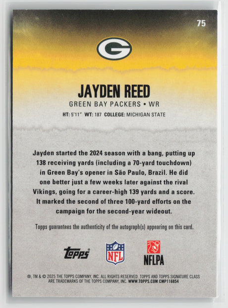 Jayden Reed 2025 Topps Signature Class Autographs Green #75 096/150