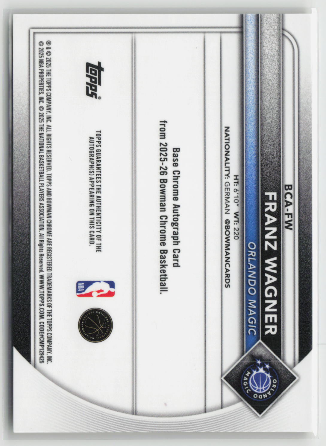 Franz Wagner 2025-26 Bowman Chrome Autographs Yellow Refractor #BCA-FW 03/75