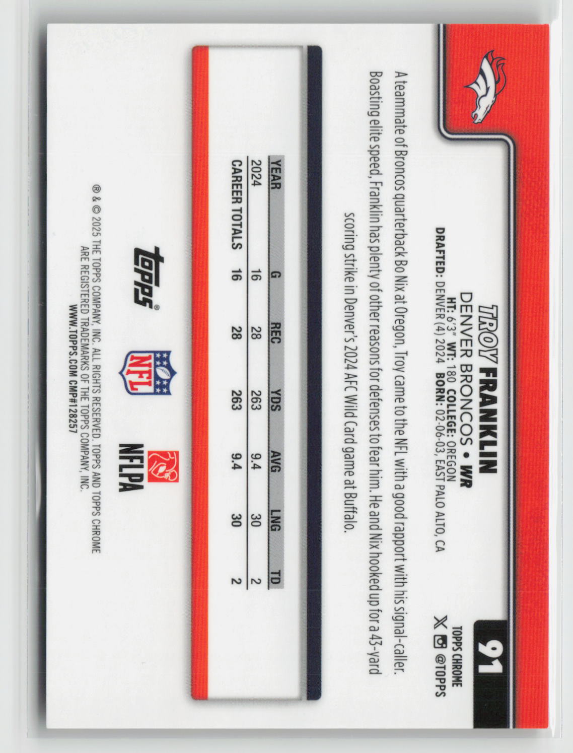 Troy Franklin 2025 Topps Chrome Sapphire Edition Gold Sapphire #91 28/50