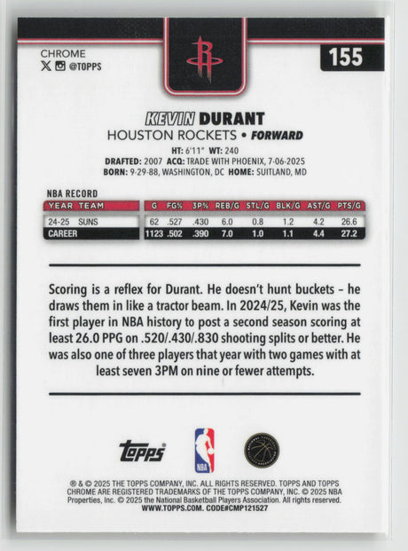 Kevin Durant 2025-26 Topps Chrome Yellow Refractor #155 097/275