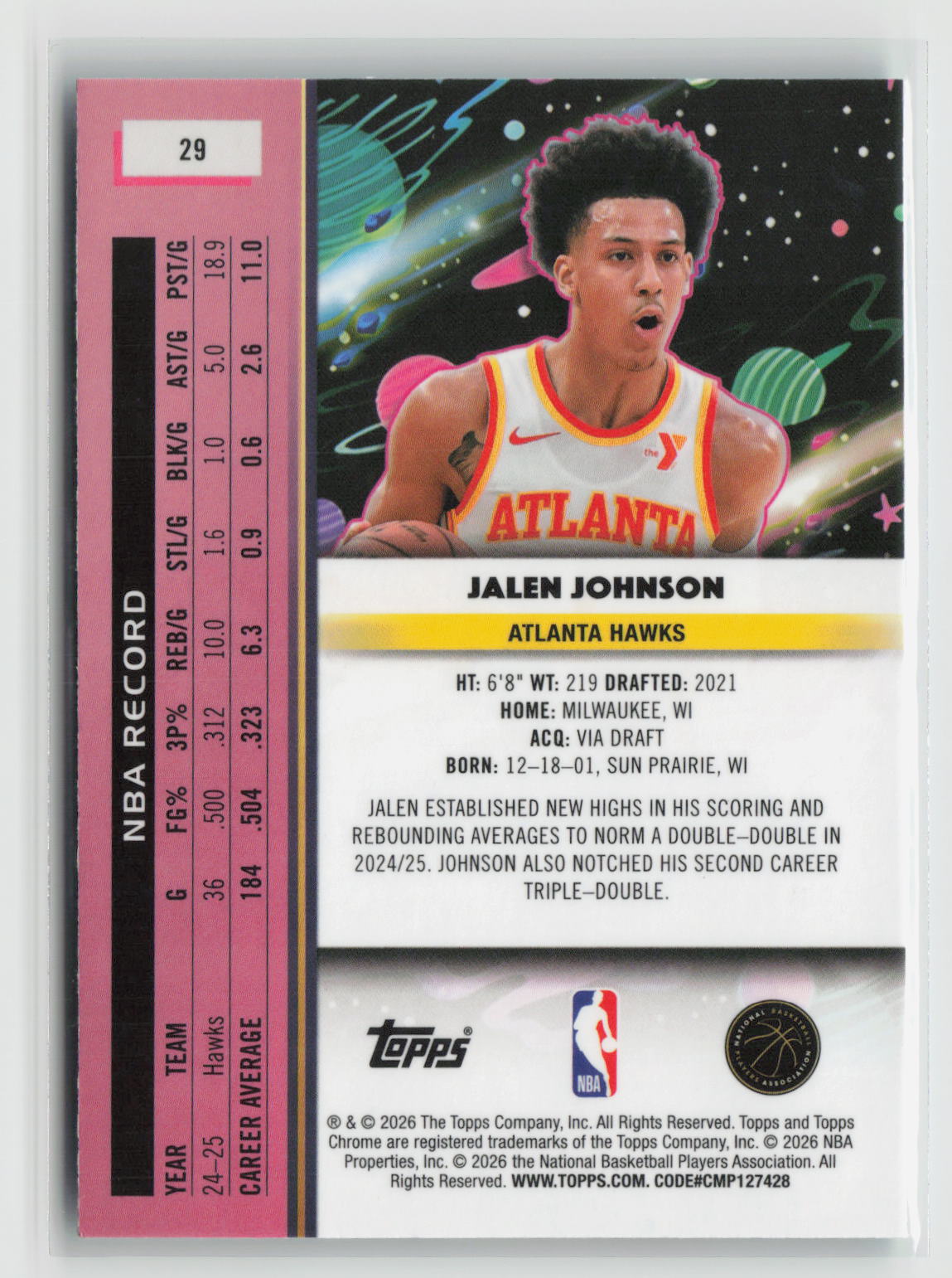 Jalen Johnson 2025-26 Topps Chrome Cosmic Aqua Equinox Refractor #29 102/199