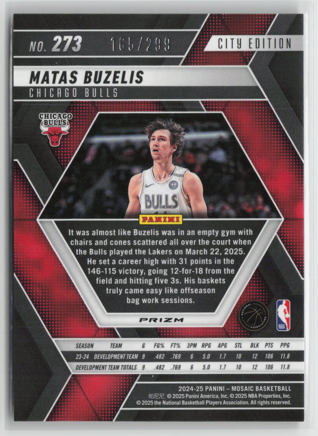 Matas Buzelis 2024-25 Panini Mosaic Red Seismic #273 165/299