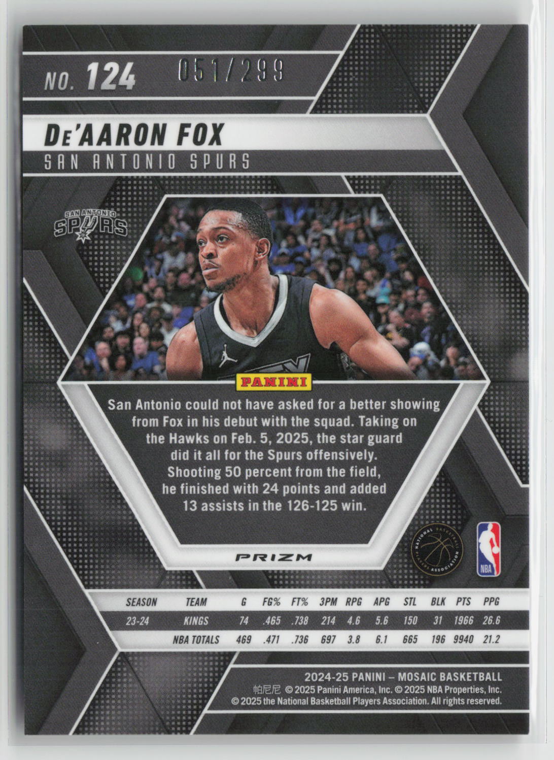 De'Aaron Fox 2024-25 Panini Mosaic Red Seismic #124 051/299