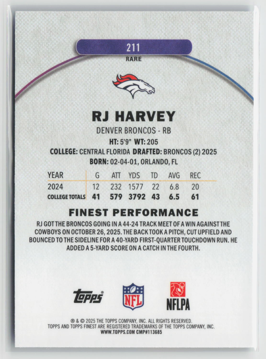 RJ Harvey 2025 Topps Finest Blue #211 25/99