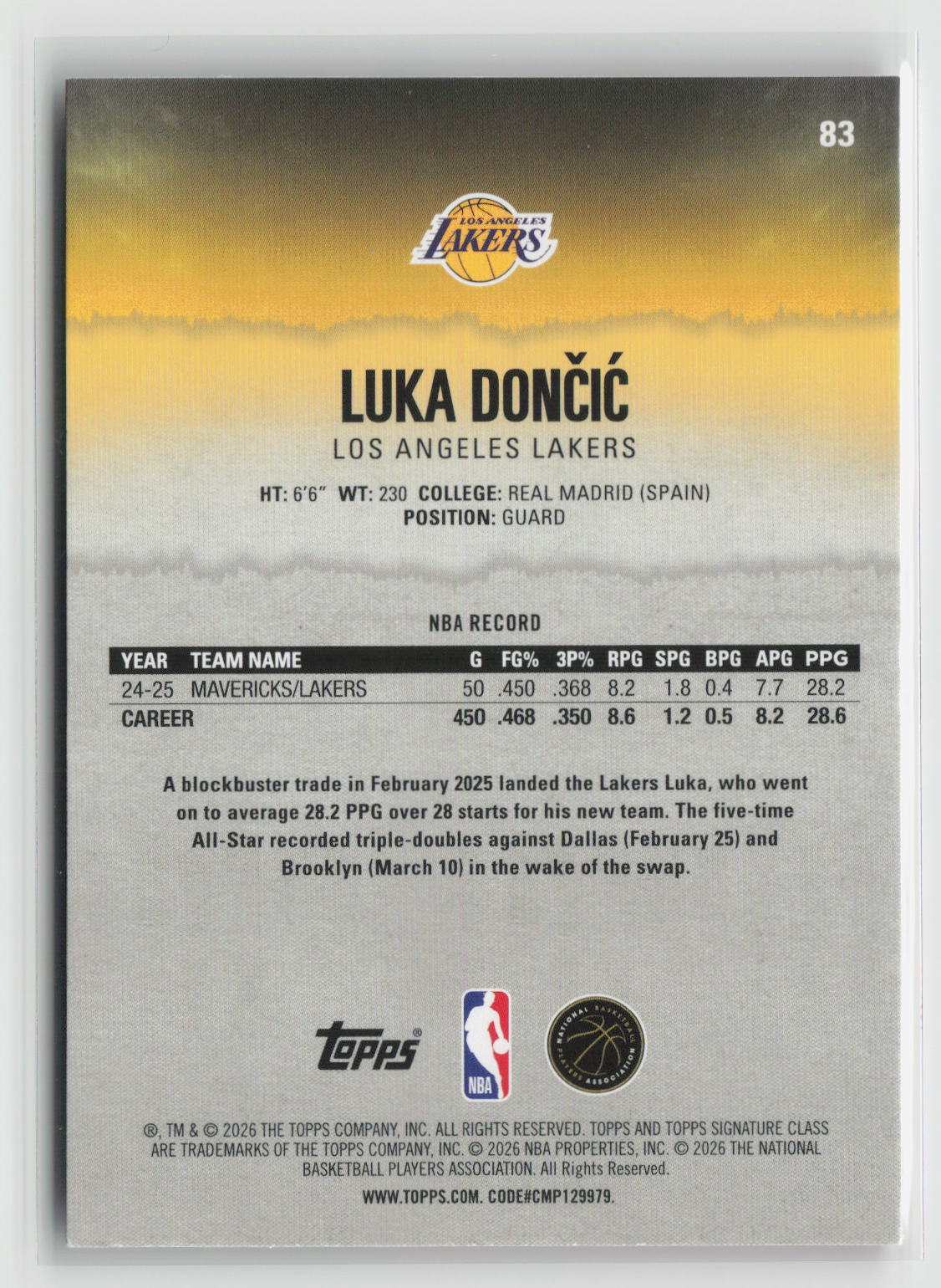 Luka Dončić 2025-26 Topps Signature Class Coral #83 164/299