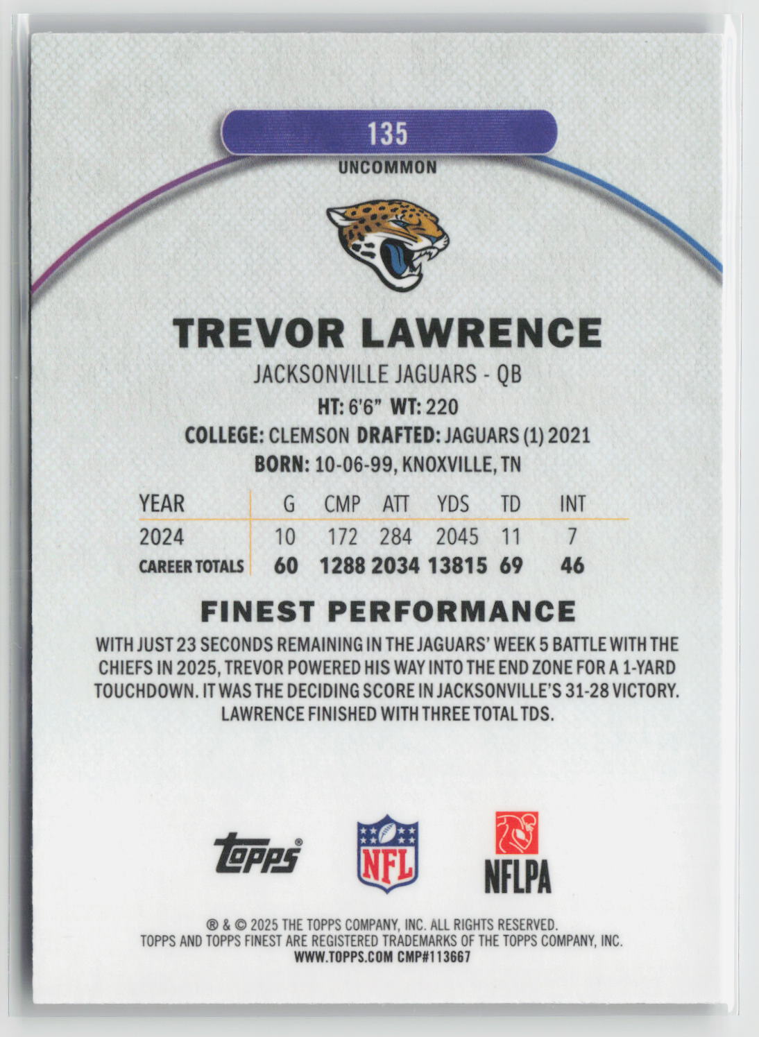 Trevor Lawrence 2025 Topps Finest Purple X-Fractor #135 82/99