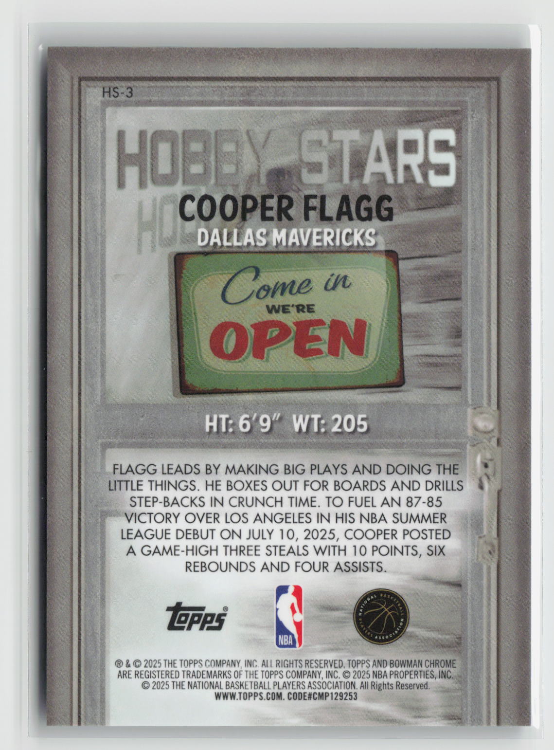 Cooper Flagg 2025-26 Bowman Hobby Stars Purple Refractor #HS-3 196/250