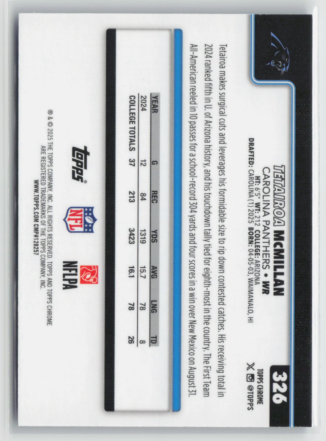 Tetairoa McMillan 2025 Topps Chrome Blue Refractor #326 013/150