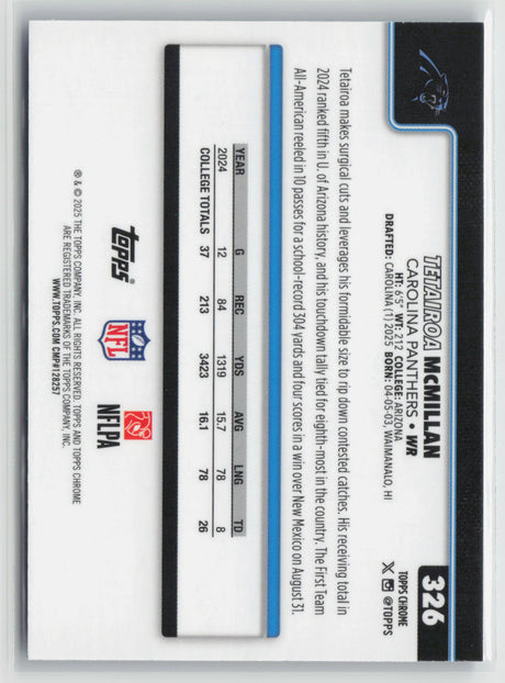 Tetairoa McMillan 2025 Topps Chrome Blue Refractor #326 013/150