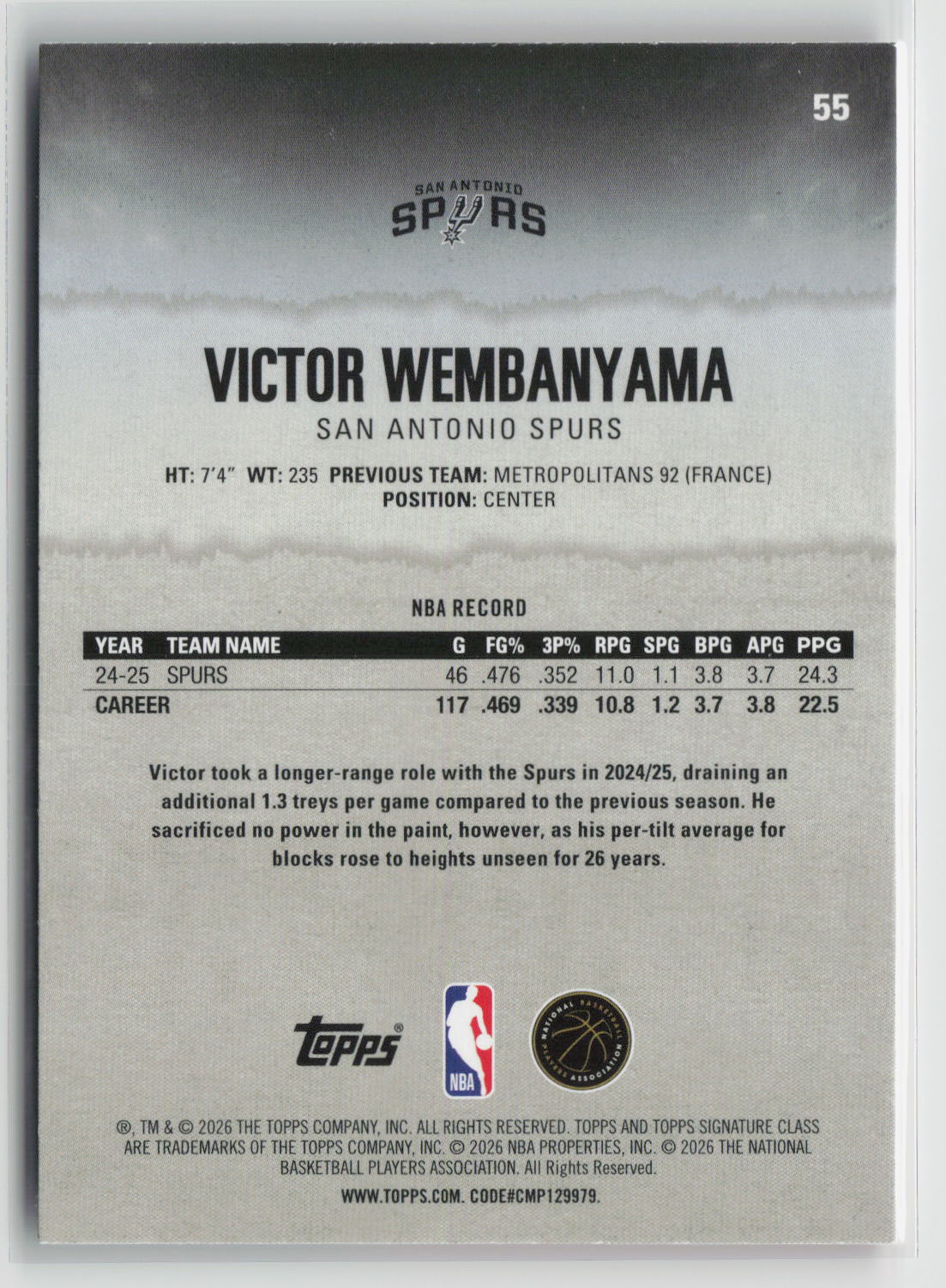 Victor Wembanyama 2025-26 Topps Signature Class Coral #55 199/299