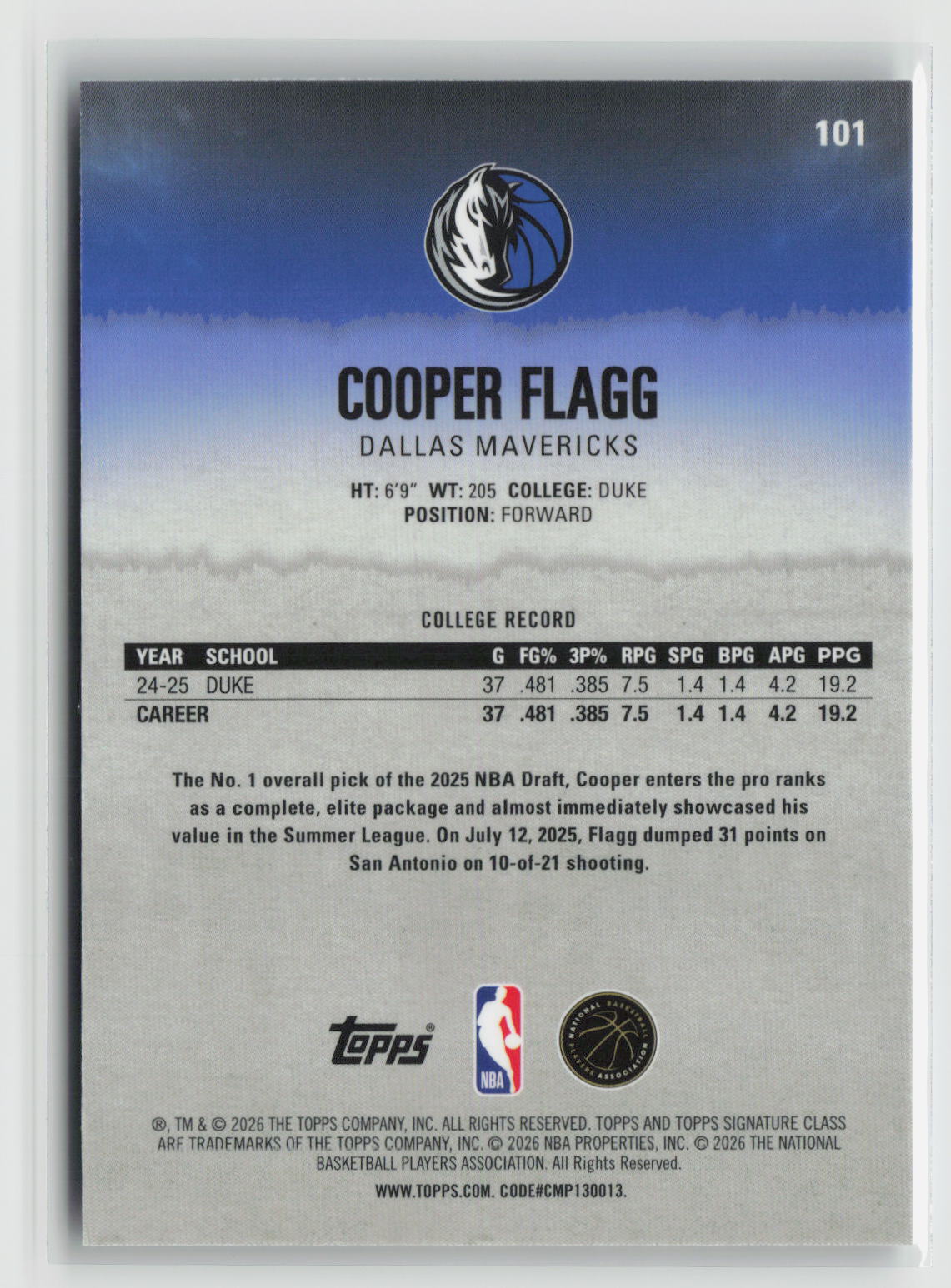 Cooper Flagg 2025-26 Topps Signature Class Chrome Pandora Refractors #101