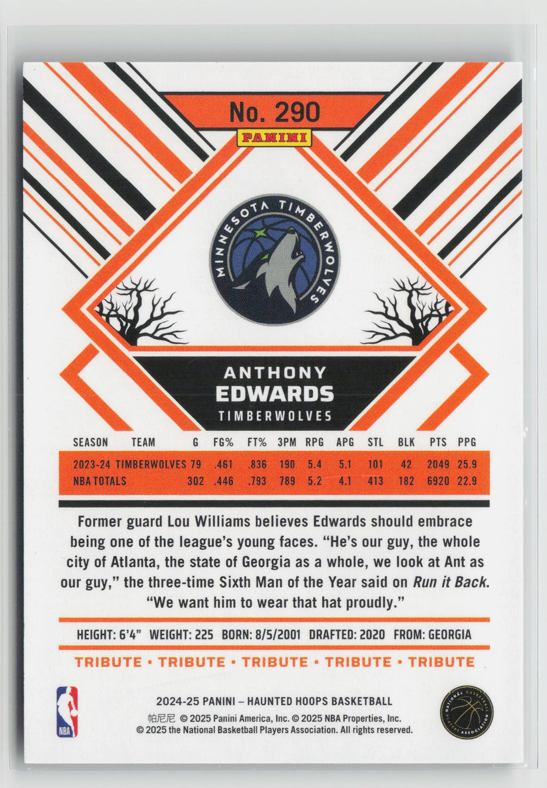 Anthony Edwards 2024-25 Hoops Haunted Hoops Holo Trick-Or-Treat #290 7/99