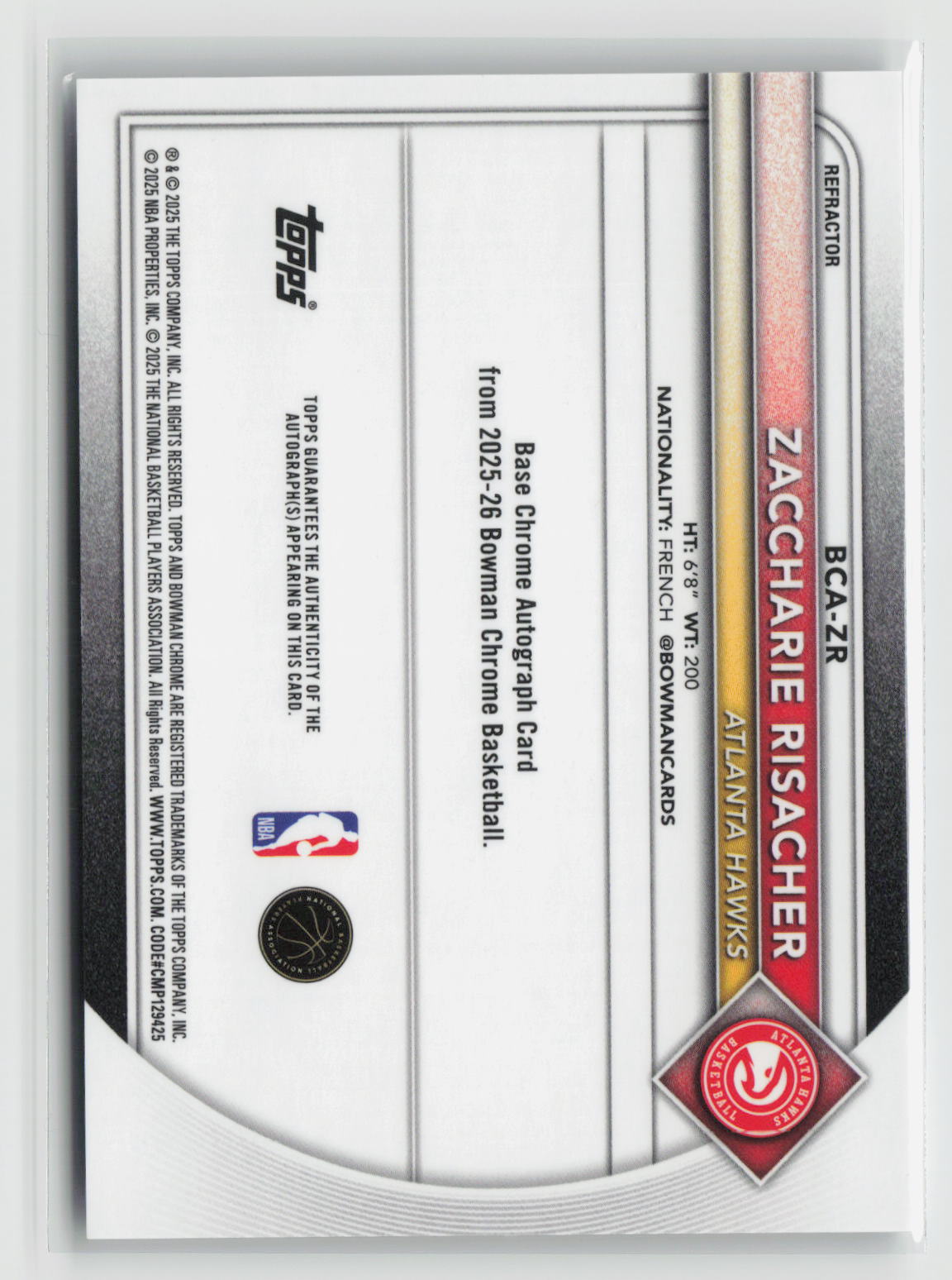 Zaccharie Risacher 2025-26 Bowman Chrome Autographs Refractor #BCA-ZR 339/499