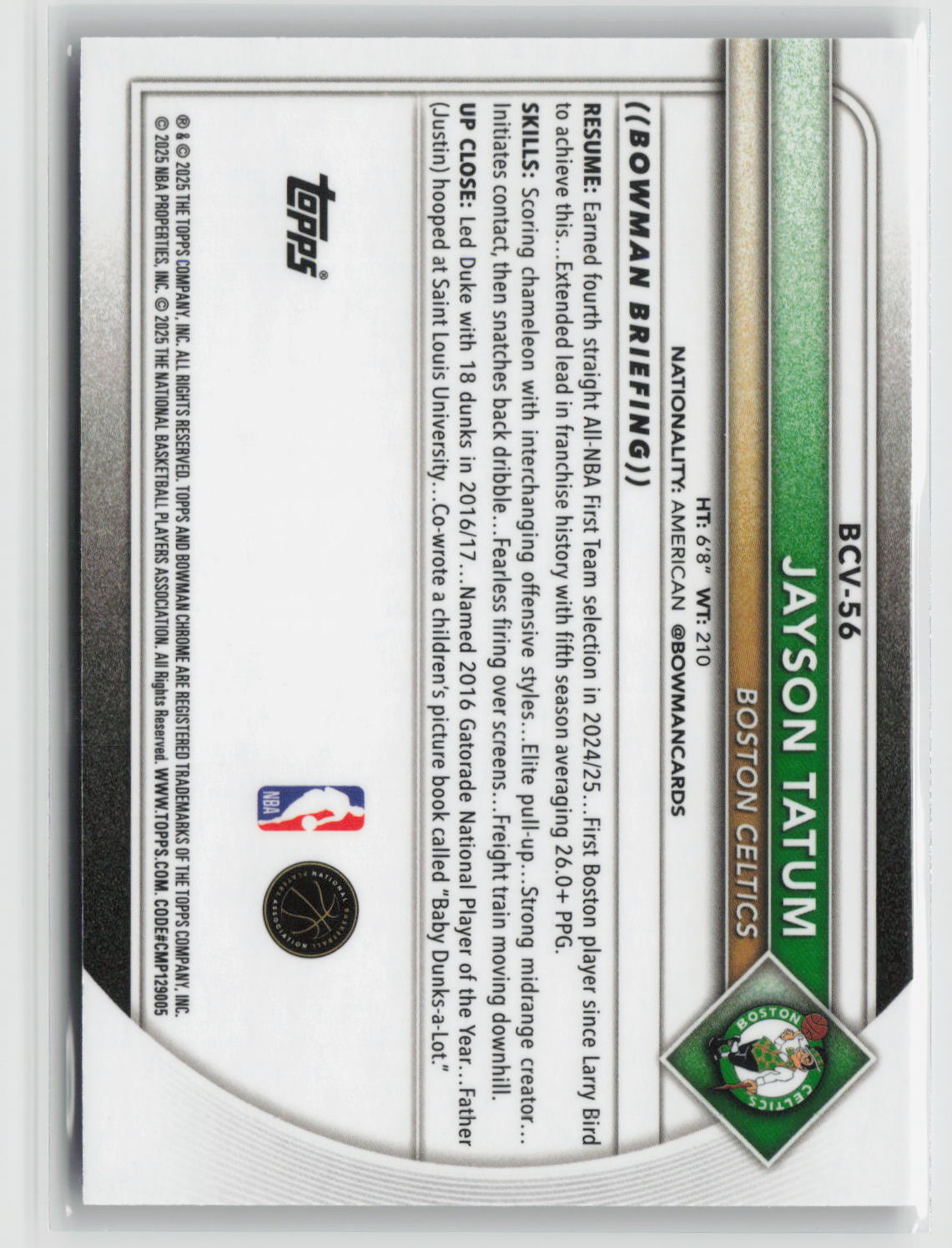 Jayson Tatum 2025-26 Bowman Chrome Fuchsia Refractors #BCV-56 042/199