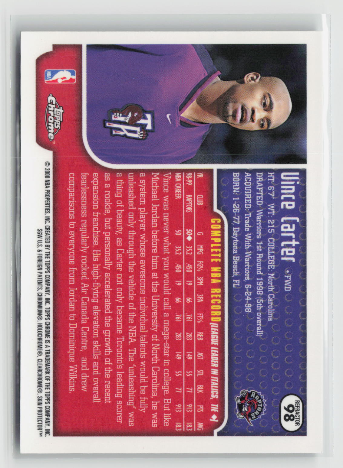 Vince Carter 2000 Topps Chrome Refractor #98