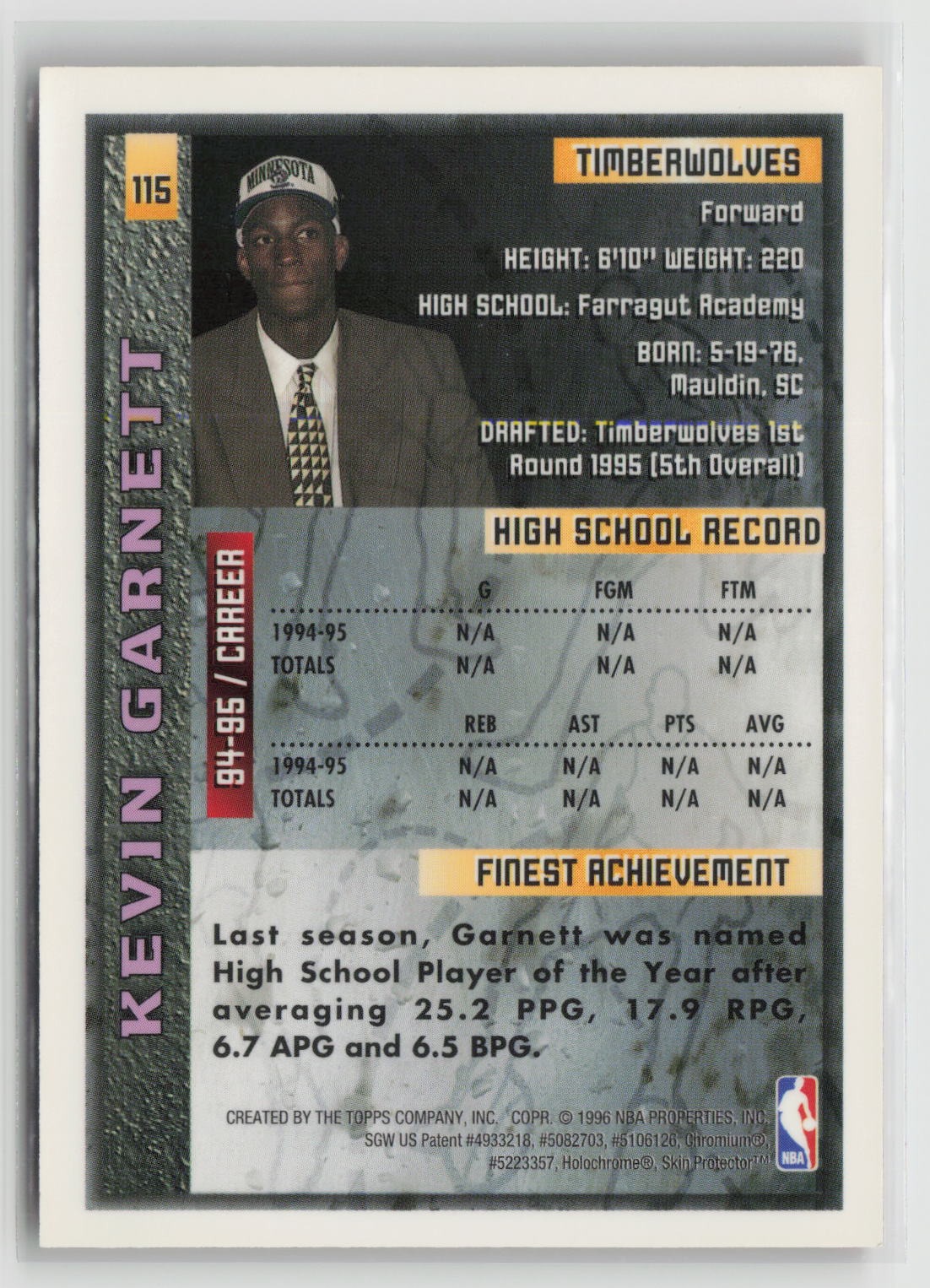 Kevin Garnett 1996 Topps Finest #115