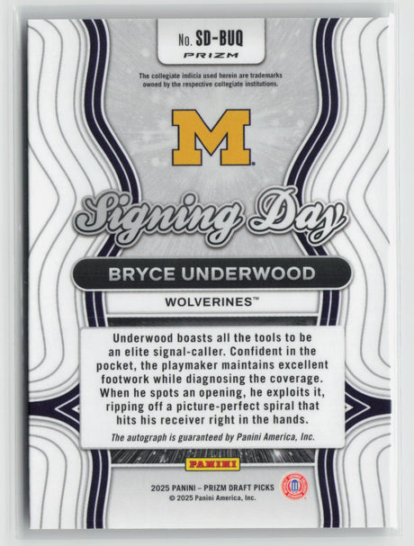 Bryce Underwood 2025 Panini Prizm Draft Picks Signing Day Silver Prizm #SD-BUQ