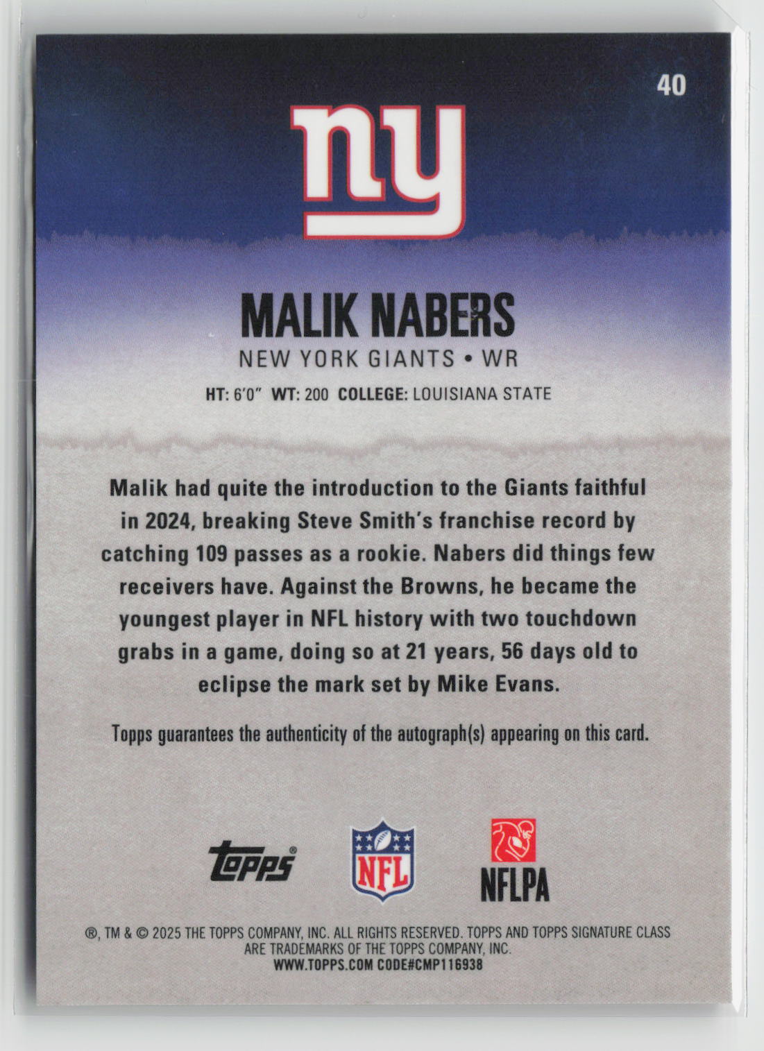Malik Nabers 2025 Topps Signature Class Chrome Autographs Orange #40 25/50
