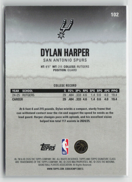 Dylan Harper 2025-26 Topps Signature Class Chrome #102