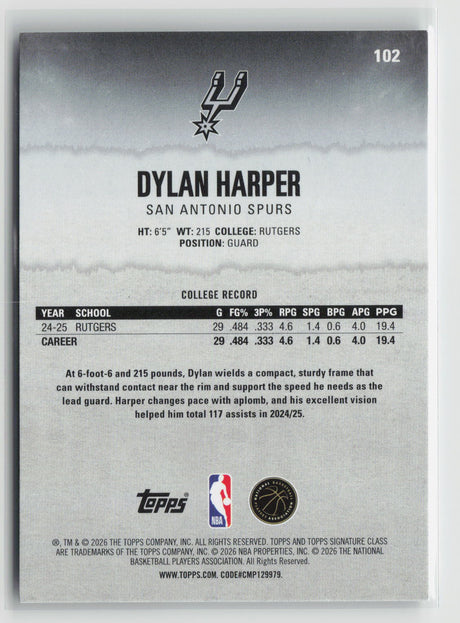 Dylan Harper 2025-26 Topps Signature Class #102