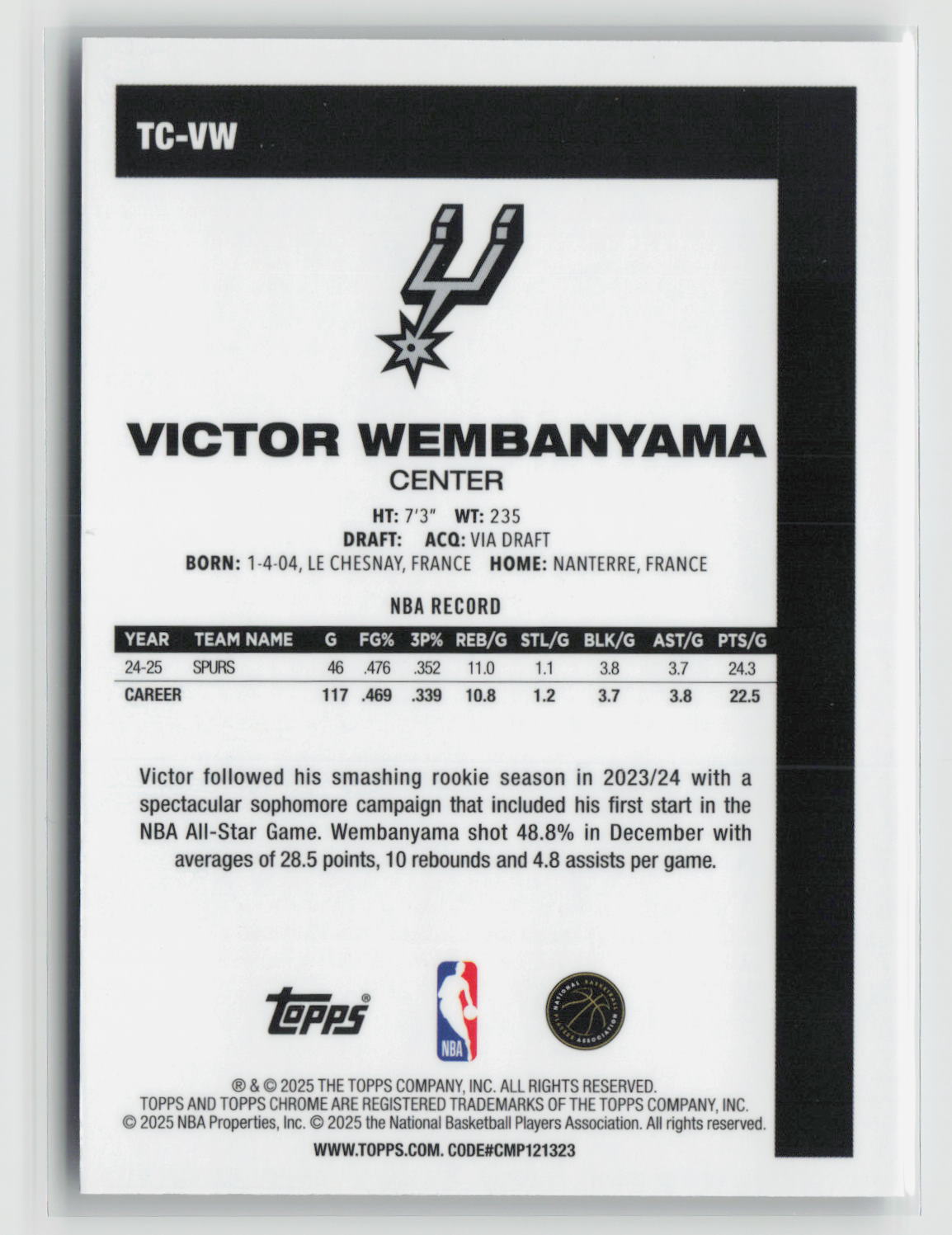 Victor Wembanyama 2025 Topps Chrome Silver Mojo Refractor #TC-VW