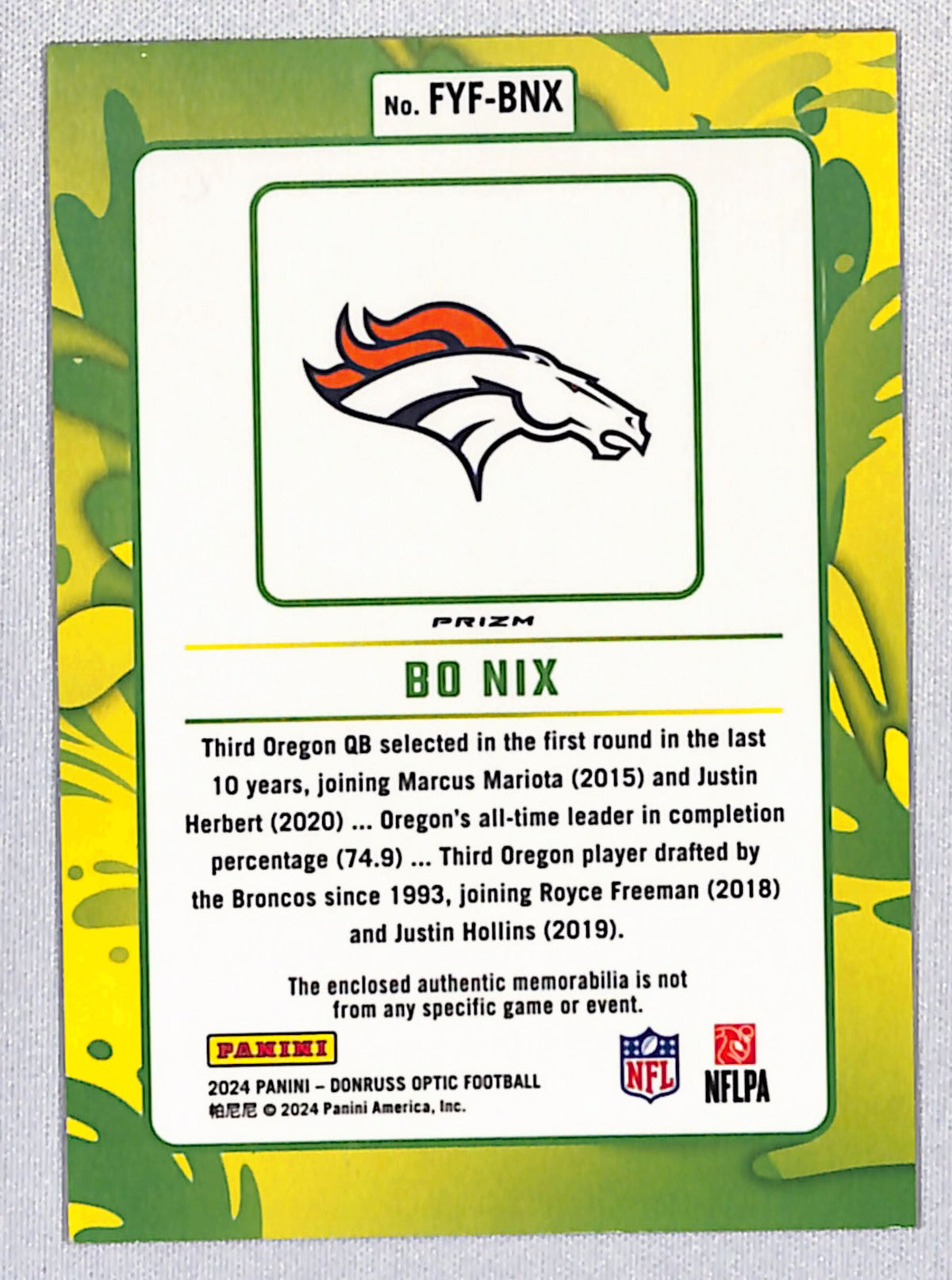 Bo Nix 2024 Panini Donruss Optic First Year Fresh #FYF-BNX