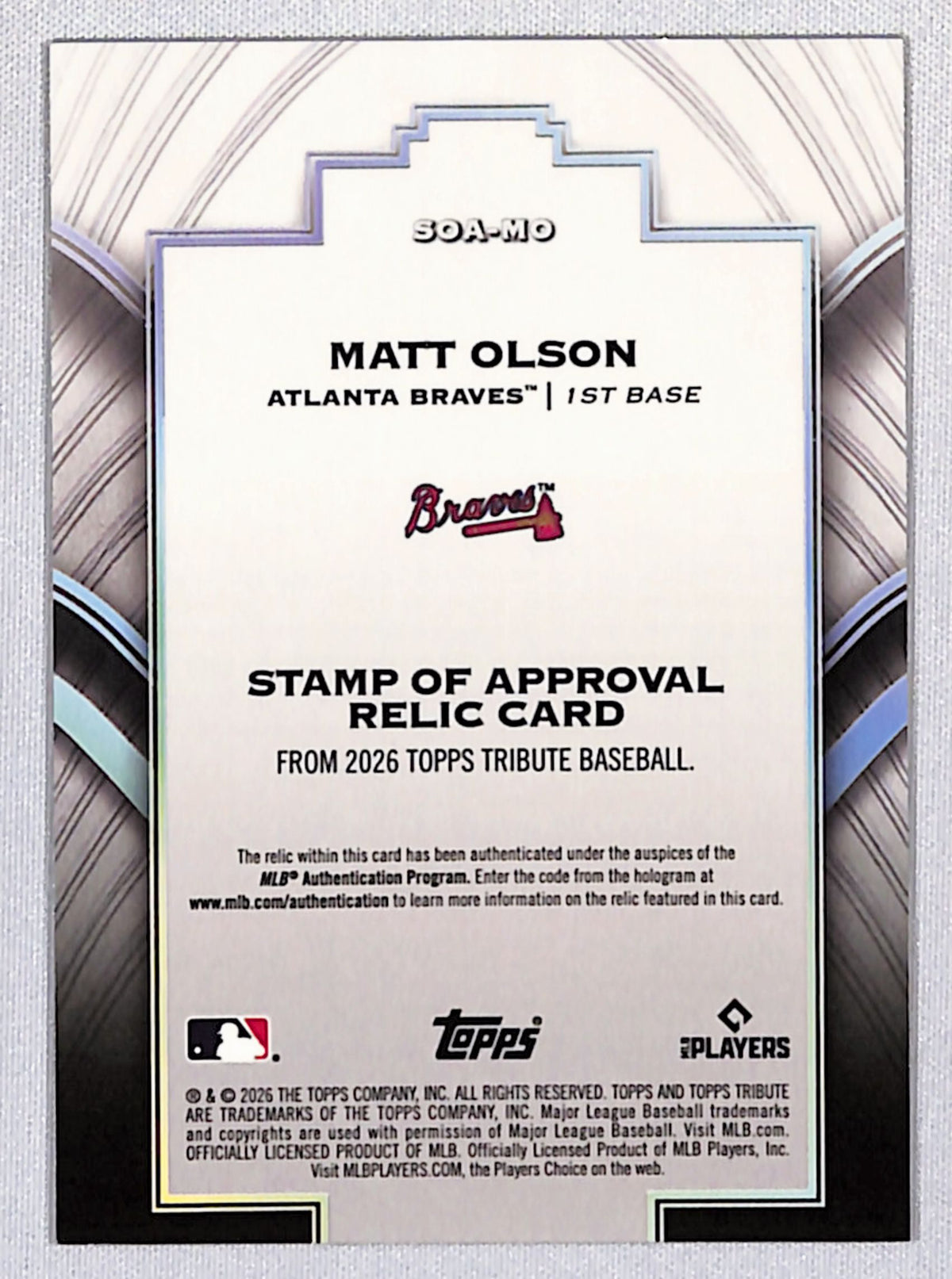 Matt Olson 2026 Topps Tribute Stamp of Approval Relic #SOA-MO 140/150