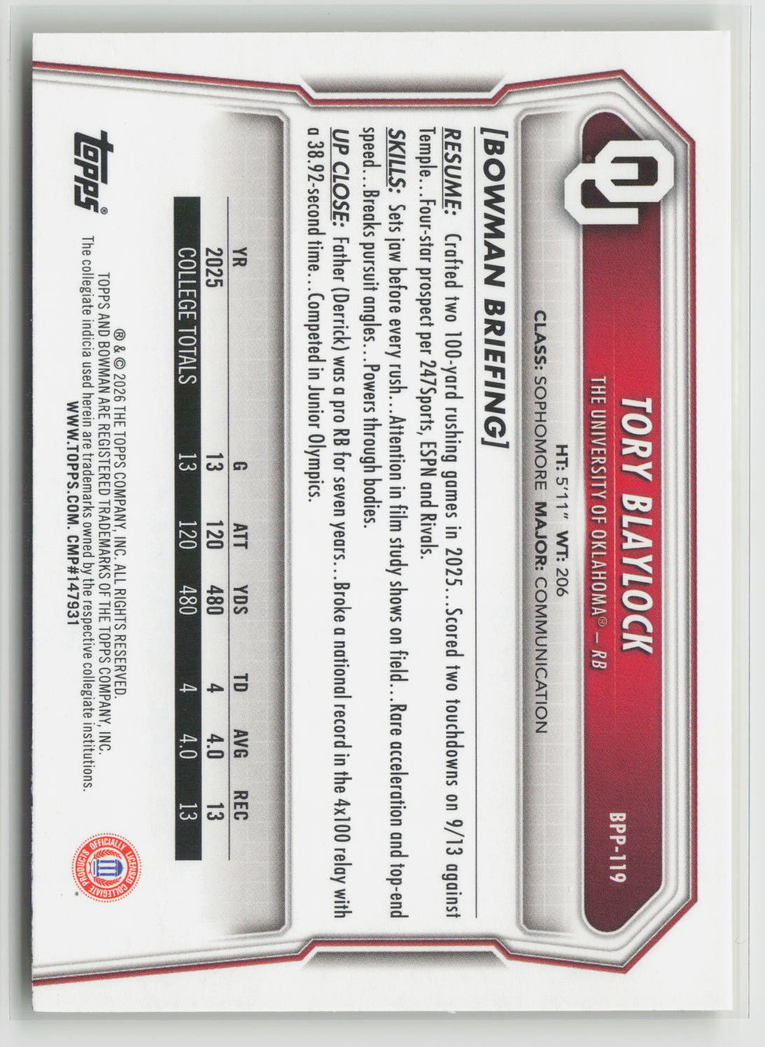 Tory Blaylock 2026 Topps Bowman U Yellow #BPP-119 116/275