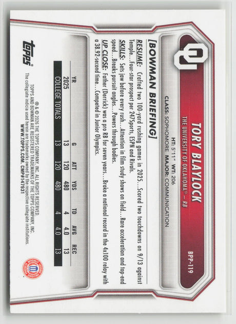 Tory Blaylock 2026 Topps Bowman U Yellow #BPP-119 116/275