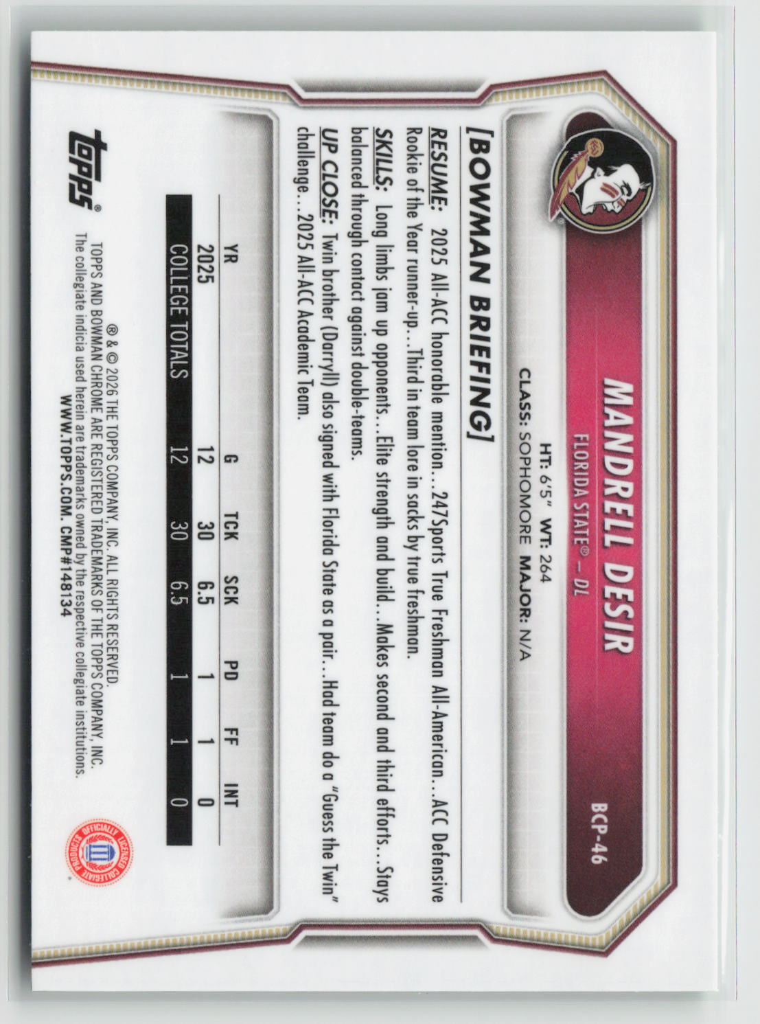 Mandrell Desir 2026 Bowman Chrome University Football Neon Green #BCP-46 263/399